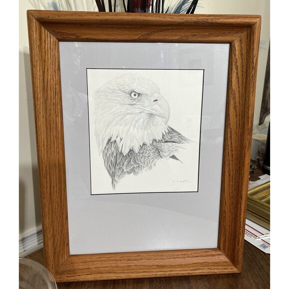 Bald Eagle Pencil Drawing Matted Wood Framed & Signed 18.5x14.25in Frame Size - Picture 1 of 10